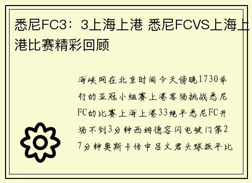 悉尼FC3：3上海上港 悉尼FCVS上海上港比赛精彩回顾